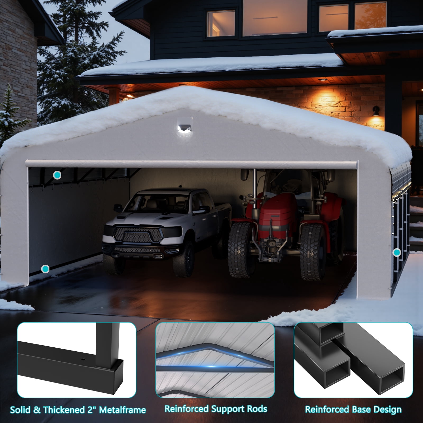20 ft. W x 20 ft. D Heavy Duty Metal Frame Carport with Solar Lamp, Outdoor Garage Car Shelter with Powder-Coated Steel Roof & Fabric Sidewall