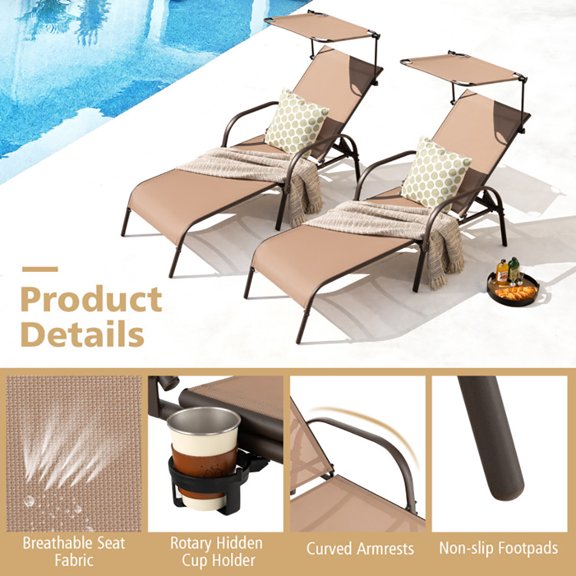Resenkos Outdoor Chaise Lounge Chair, Patio Heavy-Duty 5-Level Adjustable Chaise Lounge Chair-Brown, Portable Recliner for Lawn Garden Beach Yard