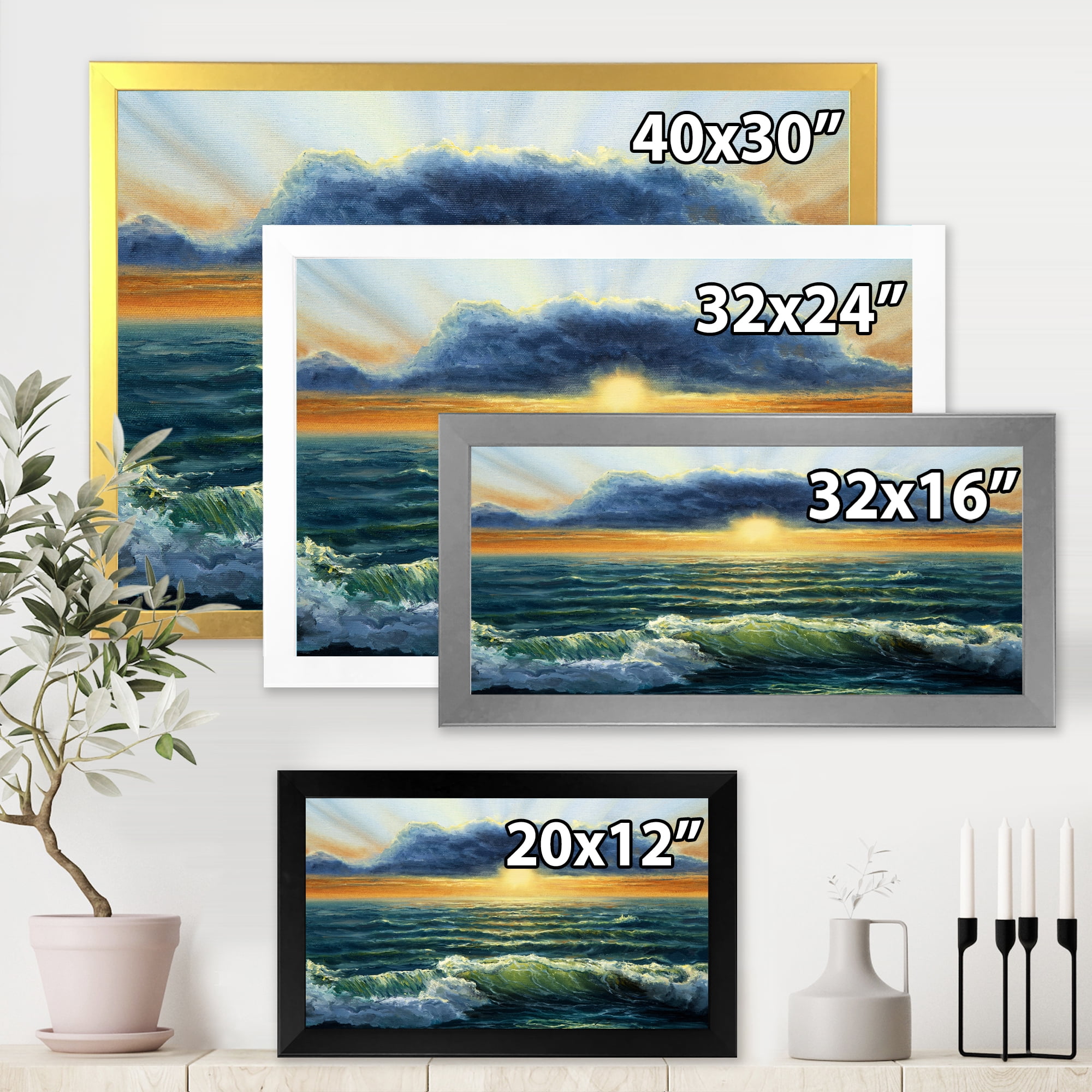 Designart 'The Blue Ocean In Sunset Evening I' Nautical & Coastal Framed Art Print