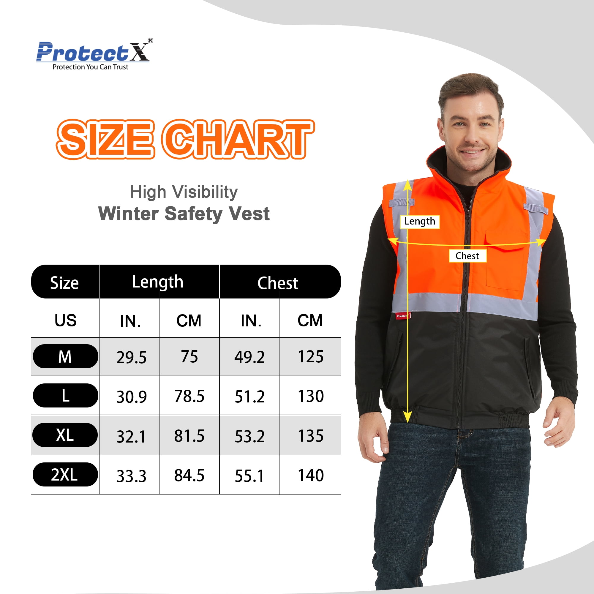 ProtectX Safety Winter Vest for Women Men, High Visibility Reflective Vest, Insulated Construction Workwear, Wind Resistant,Waterproof, Orange, X Large