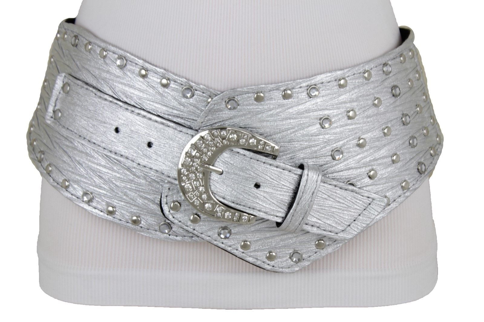 WOMENS BROWN WAISTBAND BELT SILVER BUCKLE W RHINESTONES /& CUT FLOWER 43/"