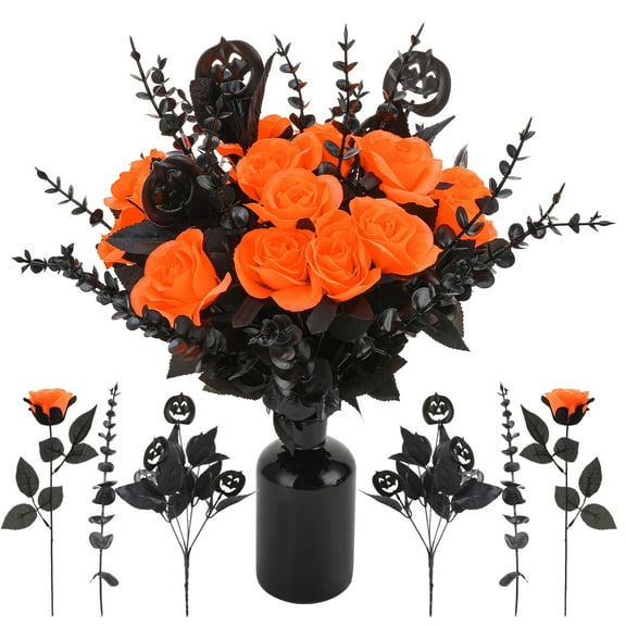 HEQUSIGNS 48 Pieces Halloween Eyeball Flowers Artificial Silk Roses Flowers Faux Pumpkin Rose Gothic Rose Bushes for Halloween Party Home Decorations