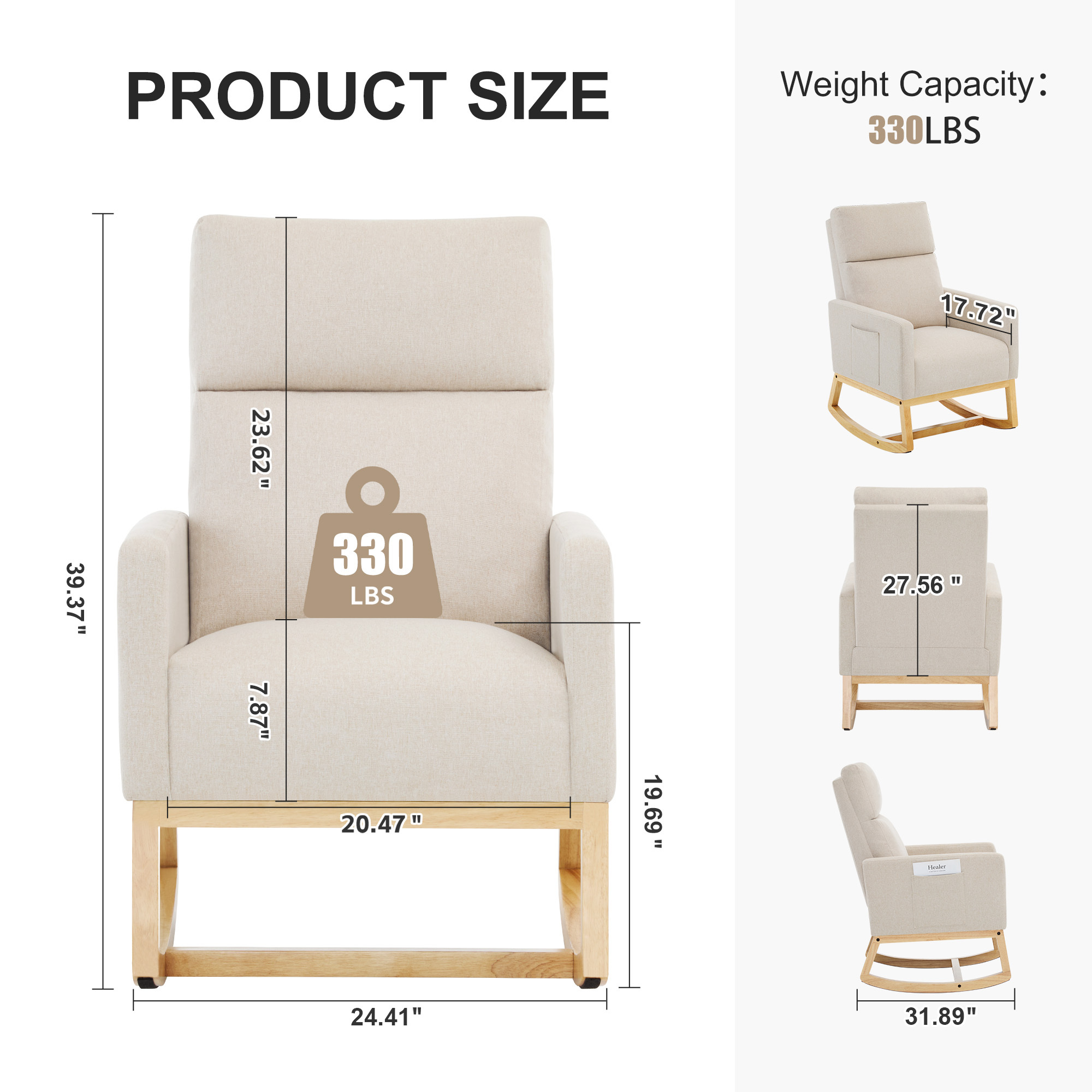 SAETSFEG Rocking Chair Nursery,Linen Upholstered Glider Rocker with Side Pocket and Wood Legs, Modern Accent Chair for Small Space, Living Room, Bedroom, Beige