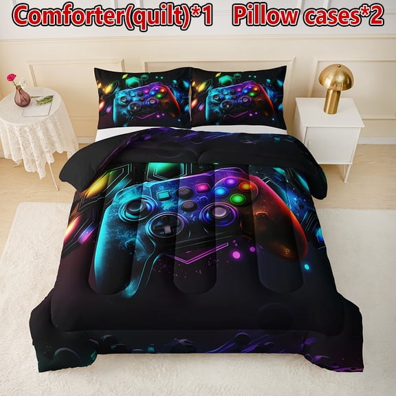 Gaming Controller Bedding Set with Play Unlimited Design, Cartoon Game Pad Comforter Set, Colorful Neon Style, Includes 1 Comforter and 2 Pillowcases (088, Twin)