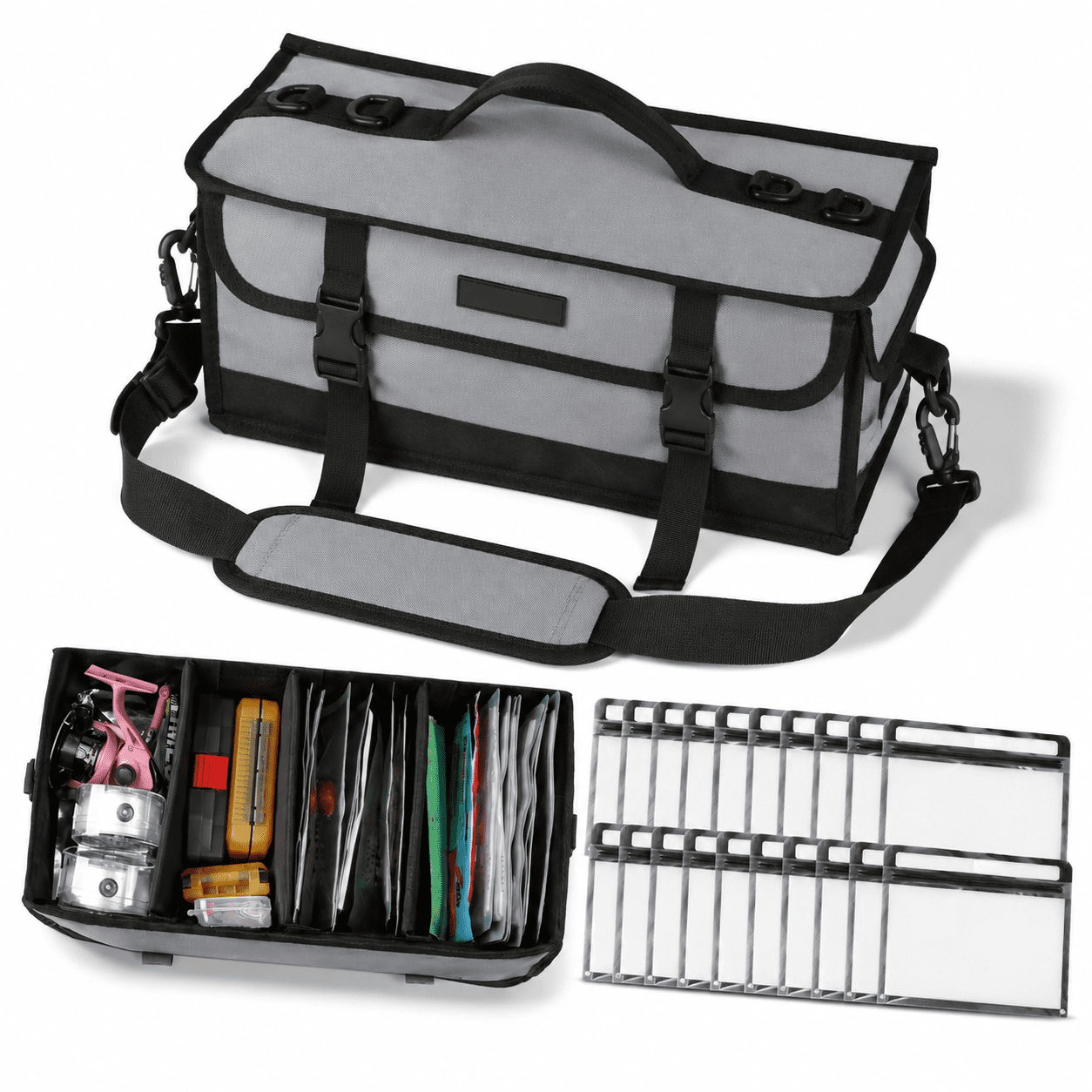 Gray Soft Plastic Fishing Bait and Tackle Bag with 20 Pouches