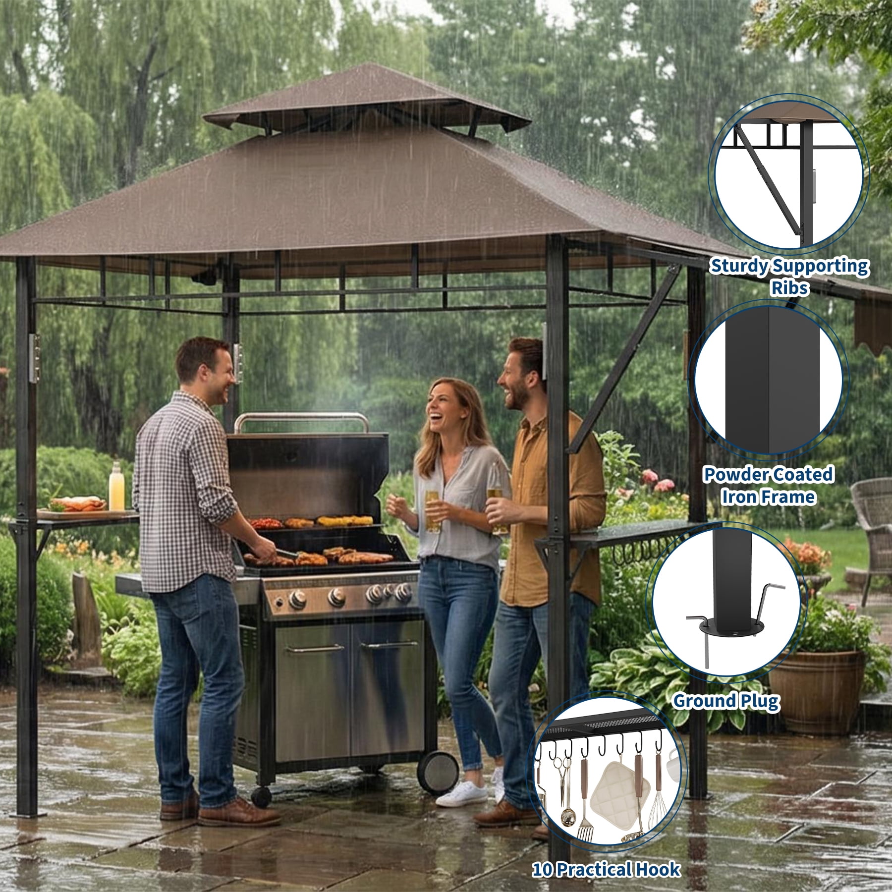 8x5 ft Grill Gazebo with Double-Tiered Roof, Heavy Duty Steel Frame BBQ Canopy with Side Shelves, LED Lights, Hooks & Bottle Opener for Backyard