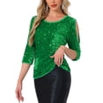 thumbnail image 4 of Blusas de fiesta y club para mujer Allegra K con lentejuelas brillantes y terciopelo, corte en la parte superior de la manga, color verde L, 4 of 6