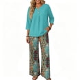 thumbnail image 6 of Vintage Sunflower Sketch Print Two Piece Set for Women, 3/4 Sleeve Button Down Top & Wide Leg Pants - Boho Casual Lounge Outfit with High Waist Trousers Turquoise XL, 6 of 7