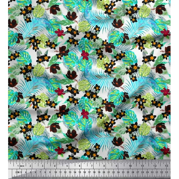 Soimoi Cotton Cambric Fabric Floral & Monstera Leaves Tropical Print Fabric by The Yard 42 Inch Wide
