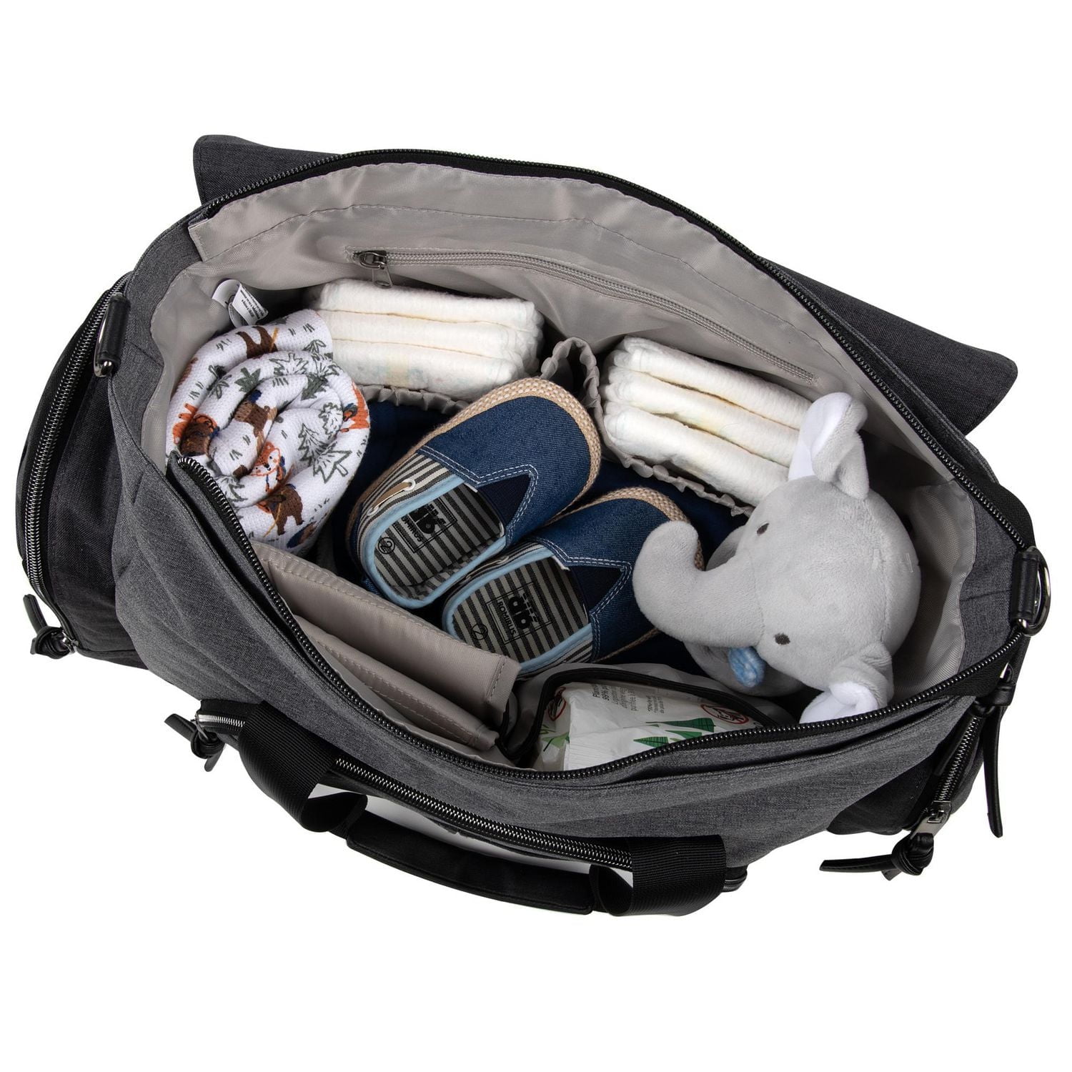 Baby Essentials 2 in 1 Convertible Multi-Pocket Baby Diaper Duffle Bag Tote with Magnetic Closure, Insulated Bottle Pockets, Foldable Diaper Changing Pad and Removable Shoulder Strap, grey, 14 pockets