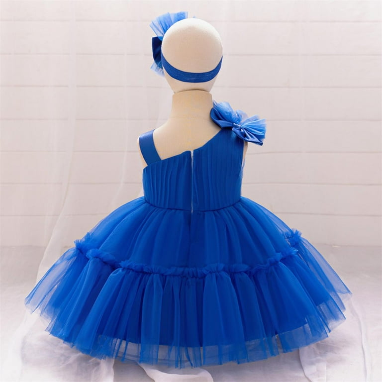 Moocorvic Sling Baby Girl Dress with Hairband, Toddler Puffy Skirt Bowknot Princess Dress for Wedding Birthday 6-9 Months,Blue