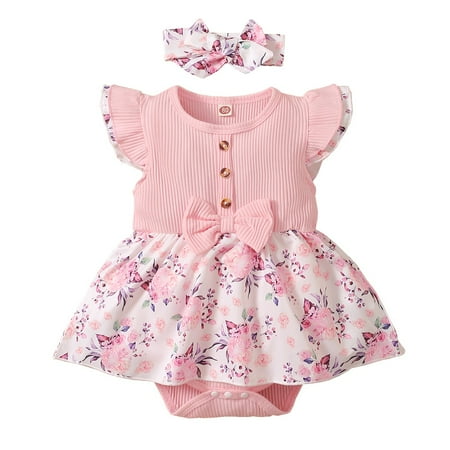 

9 Months Baby Girls Clothes 12 Months Infant Girls Summer Dress Flying Sleeve Floral Dress Floral Romper Dress Headband Set Pink