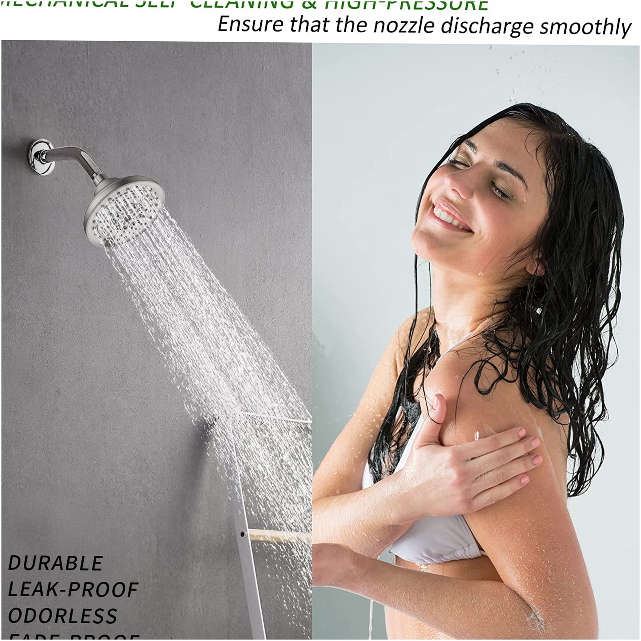 JERFIT 5 Inch High Pressure Rain Shower Head, 6-Spray Adjustable Fixed Showerhead with Anti-Clog Nozzles, Brushed Nickel, Easy Install, Low Flow