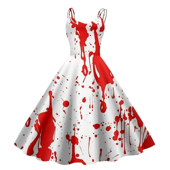 Women's Fashionable Retro Halloween Funny Printed Strap Casual Long Dress (4)White M
