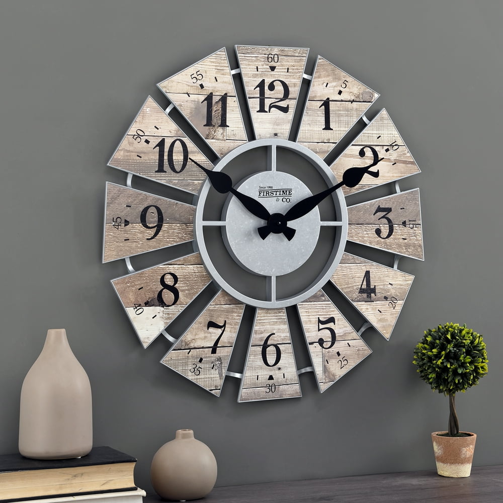FirsTime & Co.® Brown Shiplap Farmhouse Windmill Clock