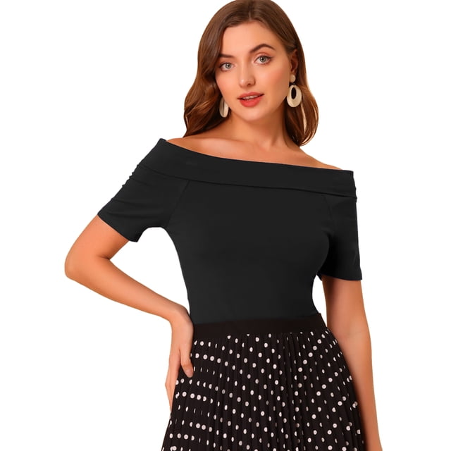 Allegra K Camiseta De Manga Corta Con Hombros Descubiertos Para Mujer Negro XS