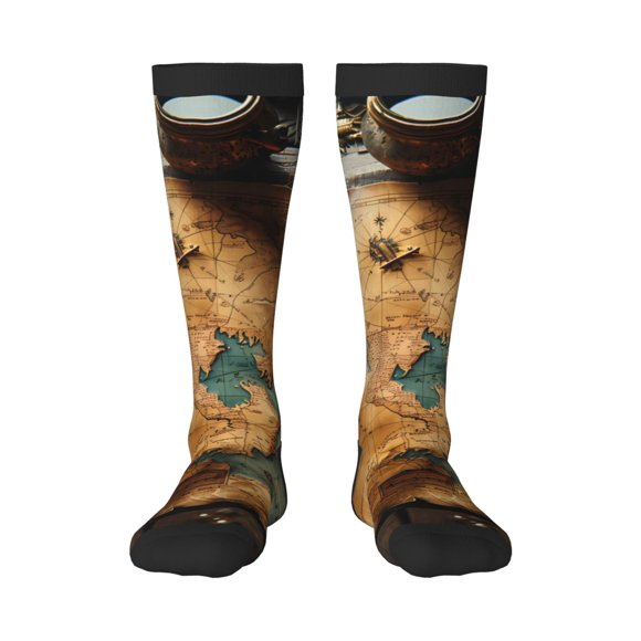 Gaeub Antique Map Adventure Scene Print Design Socks Stretchy High Tube Socks for Men Women Teens , Softball Soccer Socks for Hiking, Sport