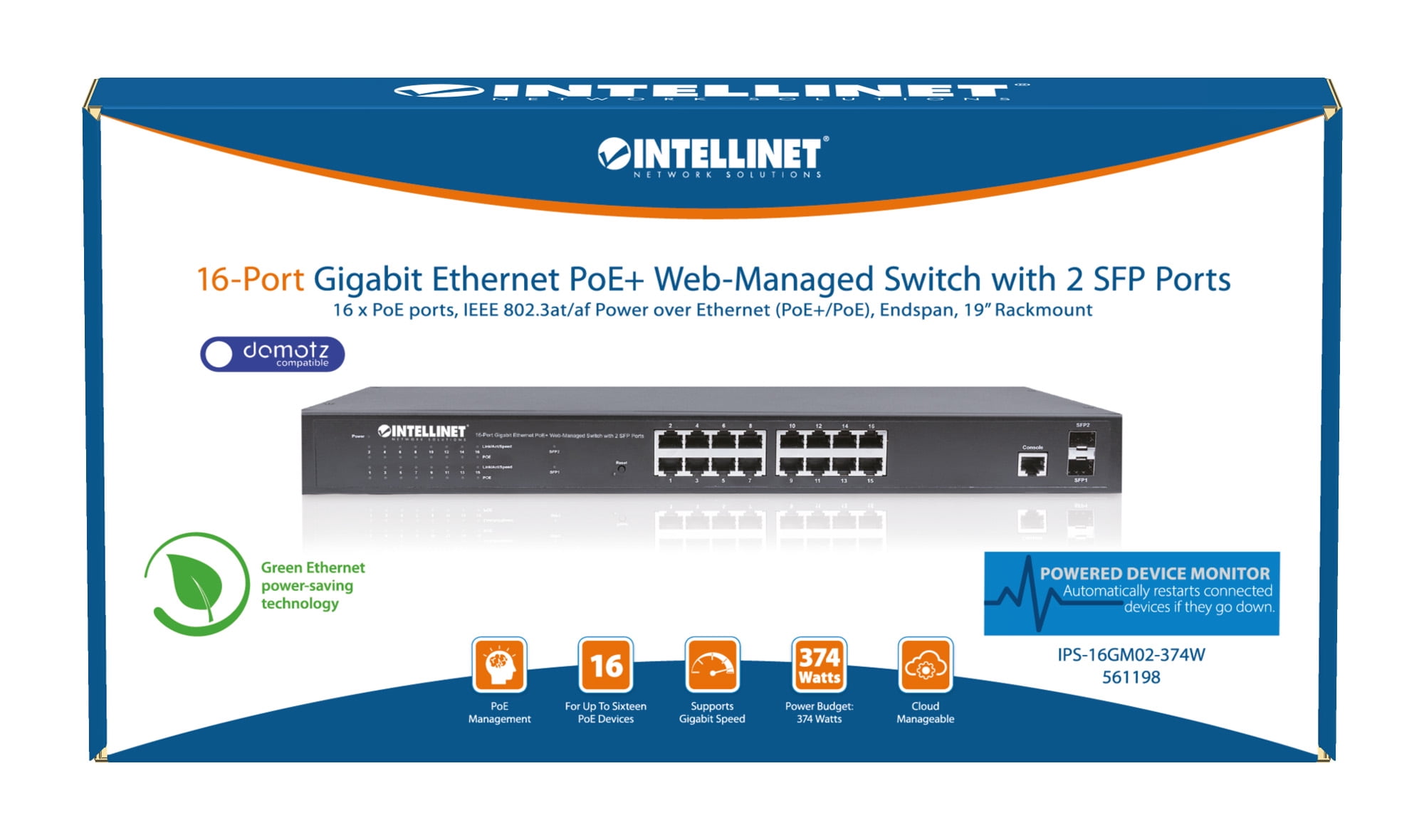Intellinet 561198 16-Port Gigabit Ethernet PoE+ Web-Managed Switch with 2