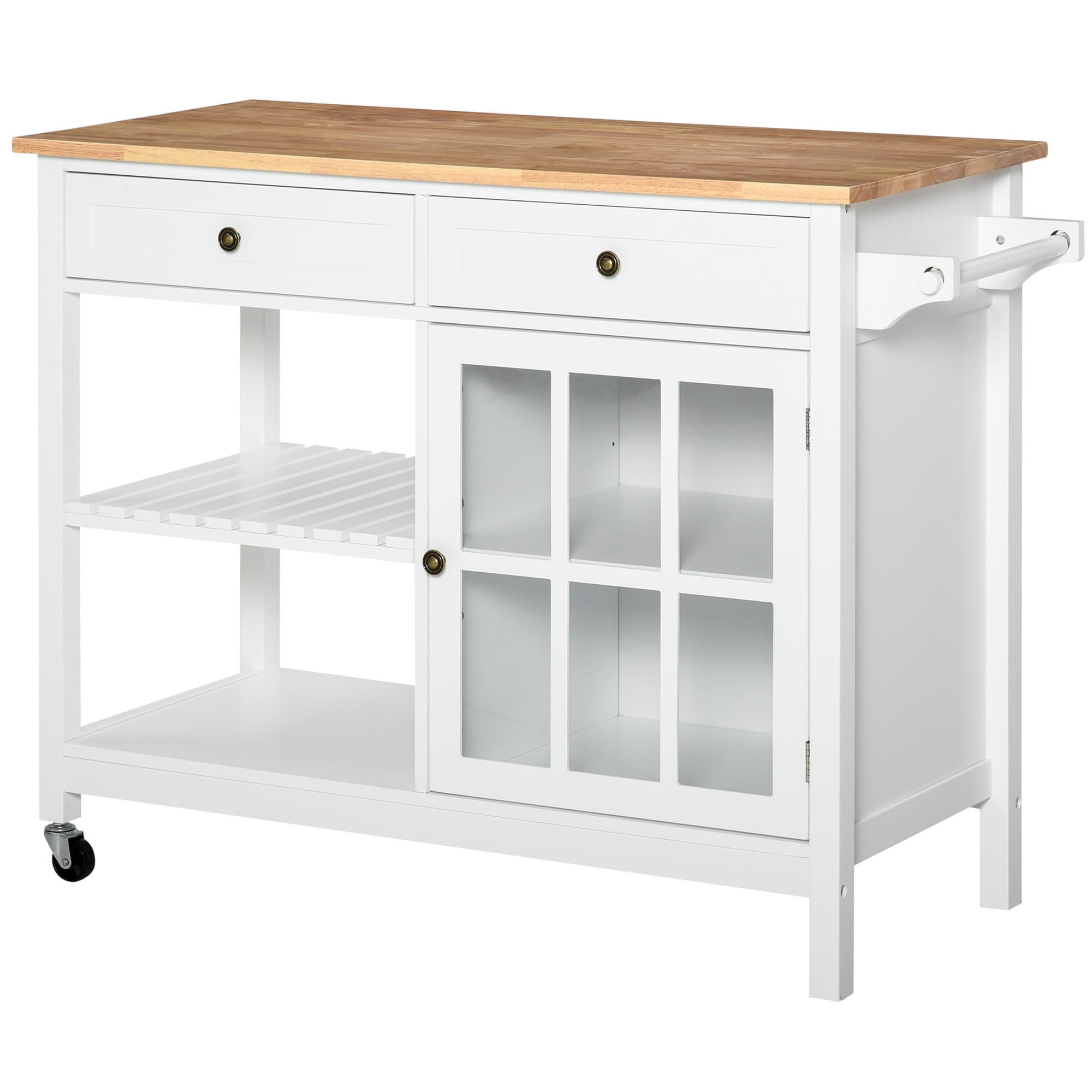 HOMCOM Kitchen Island Utility Storage Cart with Rubber Wood Top, Towel