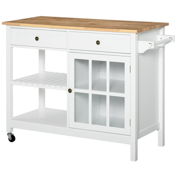 HOMCOM Kitchen Island Cart with Rubber Wood Top, Cabinet and 2 Drawers