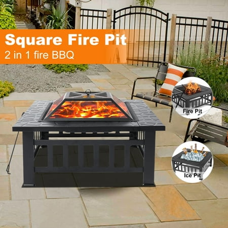 SEGMART Outdoor Fire Pit, 32" Square Metal Fire Pit Table, Stove Wood Burning Fire Pit Bowl, Spark Screen & Log Poker, Ideal for Yard Patio Beach Picnic Bonfire