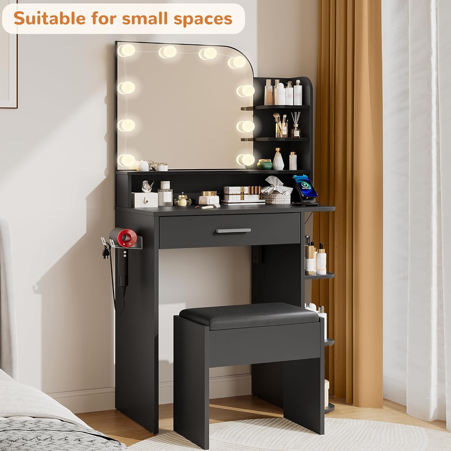 makeapile Makeup Vanity with Chair, Small Vanity Desk with Mirror , Lights 3 Colors and Power Outlet, Compact Vanity Table for Small Space, Black