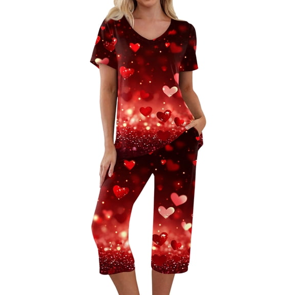 Garbnen Womens Valentines Pajama Set V Neck Short Sleeve Top with Capri Pants Heart Print 2 Piece Lounge Sets with Pockets