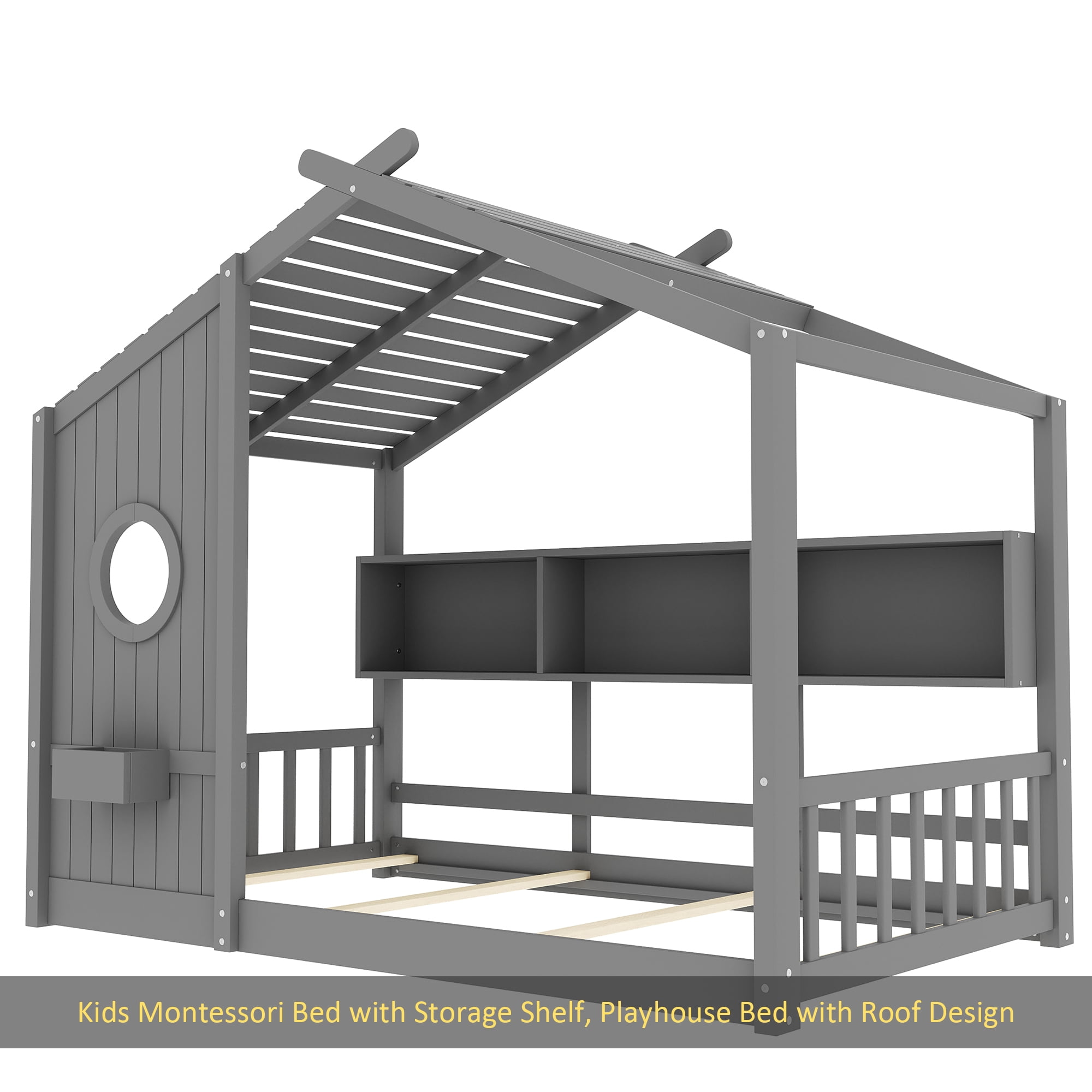 Twin Size Floor House Bed for Toddler, Kids Montessori Bed with Storage Shelf, Playhouse Bed with Roof Design, Gray