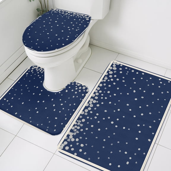 Silver Speckle Bathroom Rugs Set Luxe White Frame Foil Polka Dot Navy Blue Non Slip Absorbent Soft Bath Mats 3 Piece Set with Bathroom Rug, U-Shaped Floor Mat, Toilet Seat Cover Large Size