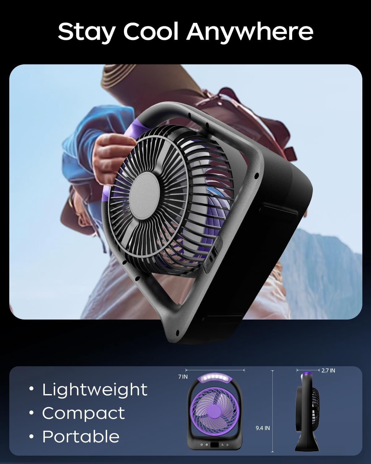 HGGQVVS 6" Rechargeable Camping Fan, Battery Operated Small Portable Fan with 3 Speeds & 6H Runtime LED, 360° Tiltable, USB Type-C Charging, Ideal for Outdoor, Travel, Camping, Home & Office, Purple