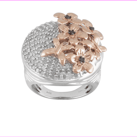 .91CTW RED WHITE DIAMOND RHODIUM and 14K ROSE GOLD SILVER FLOWER RING SIZE 7