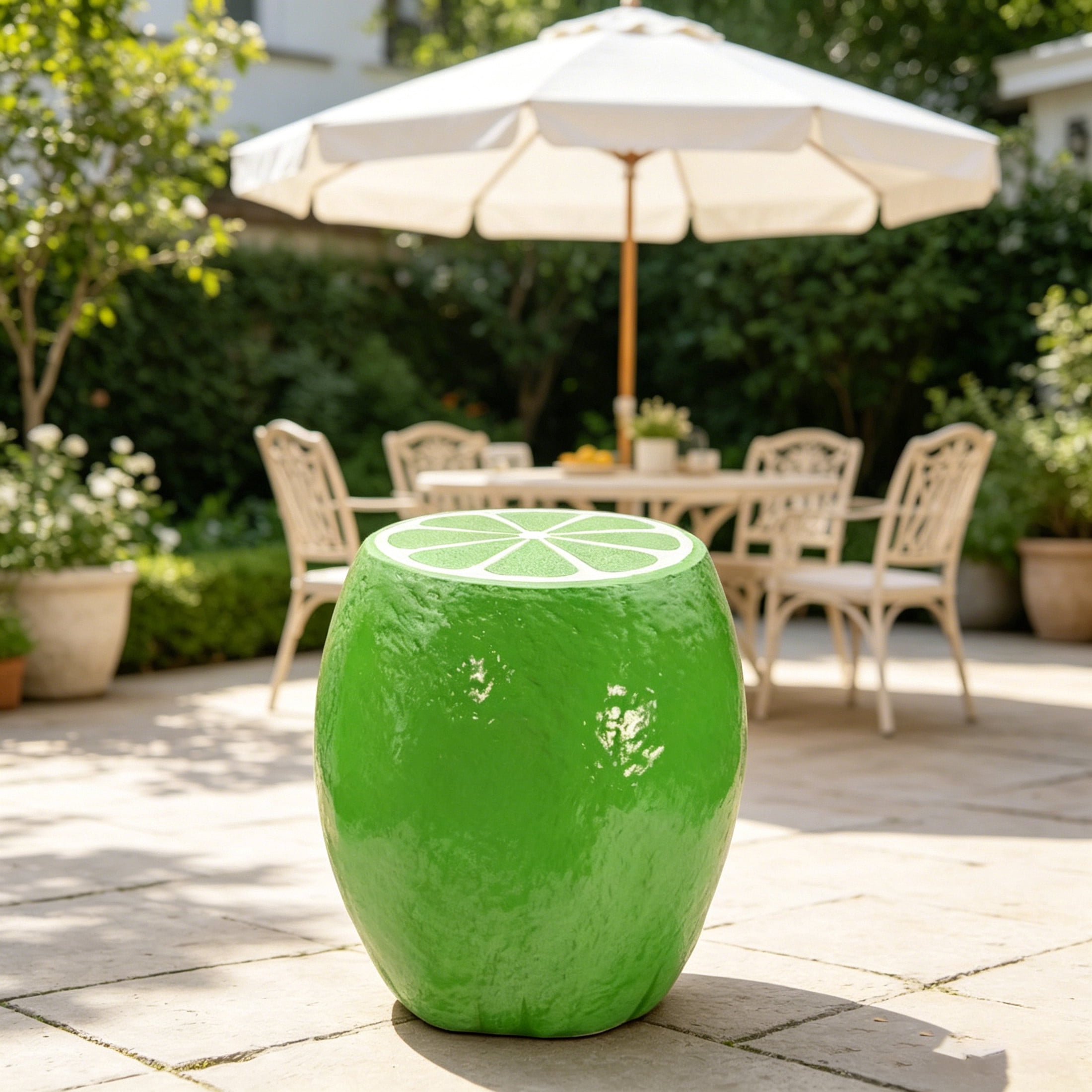 Noble House Lime Fruit Stool, Cute Fairy Decorative Statue, Outdoor Creative Figurine Seat for Patio, Garden, Green