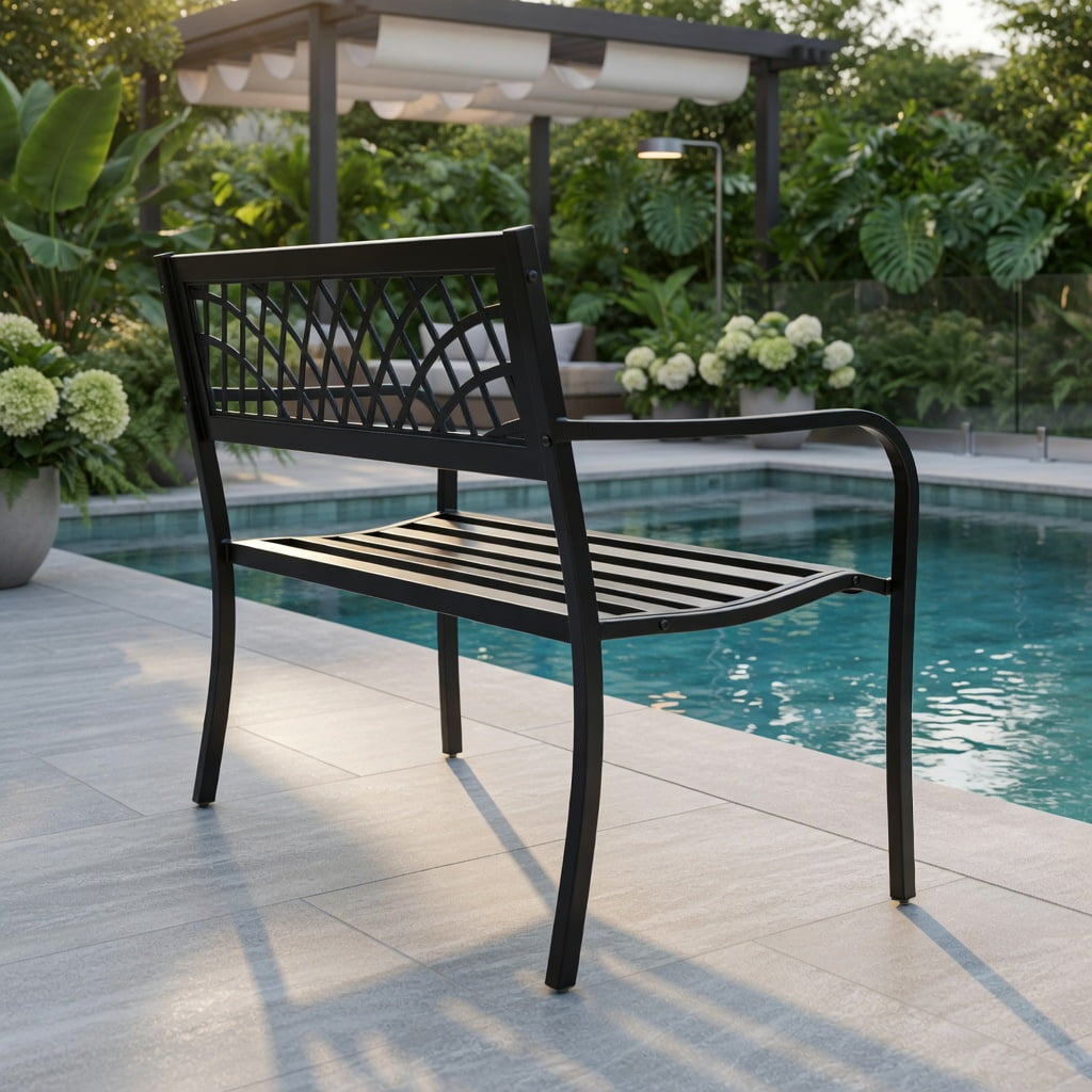 Hommoo Heavy-Duty Outdoor Bench Deck with Powder-Coated Steel Frame & PVC Mesh Backrest, Sturdy Patio Seating for Garden, Deck or Yard, Black