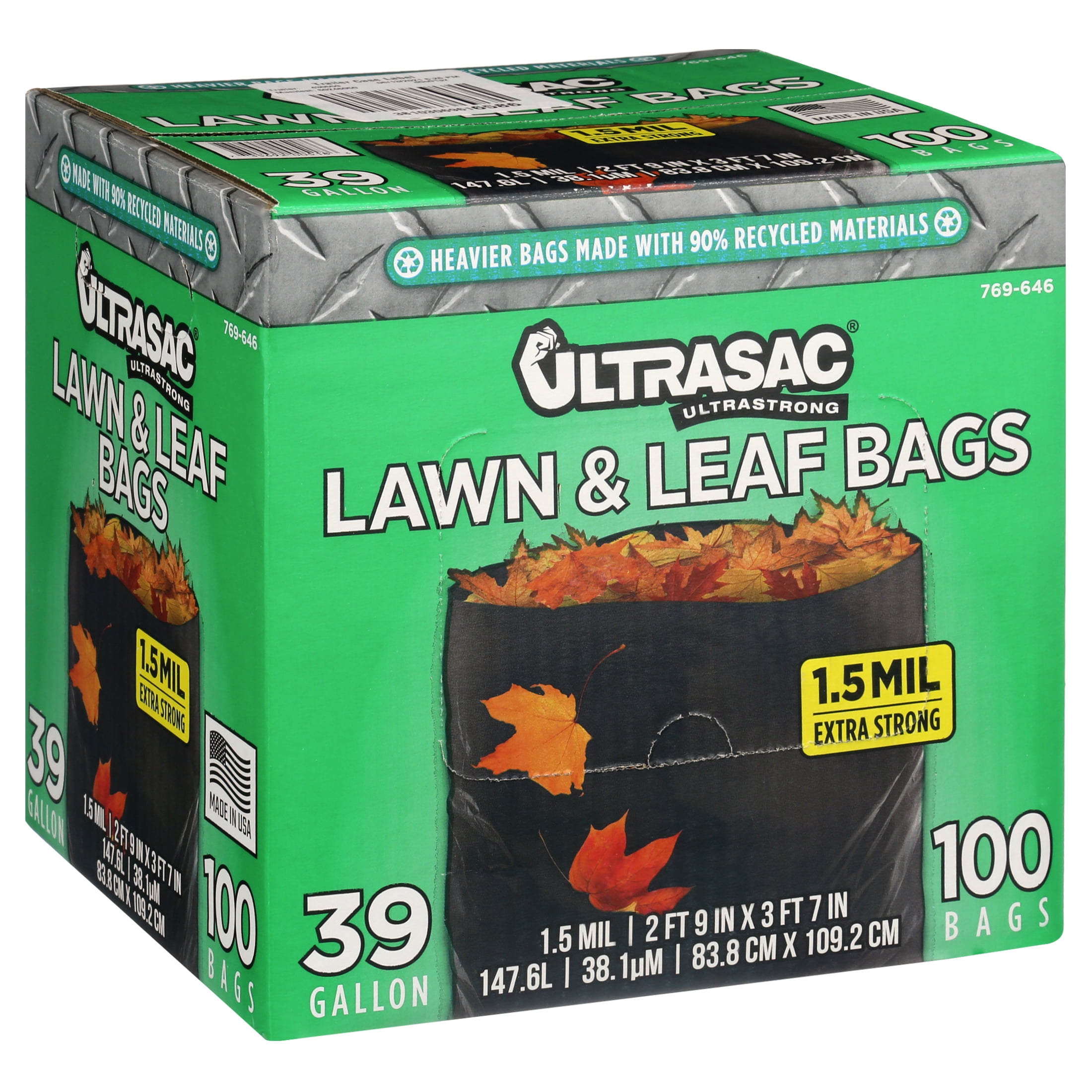 39 Gallon Garbage Bags Lawn and Leaf Bags by Ultrasac Huge 100 Pack/w Ties 