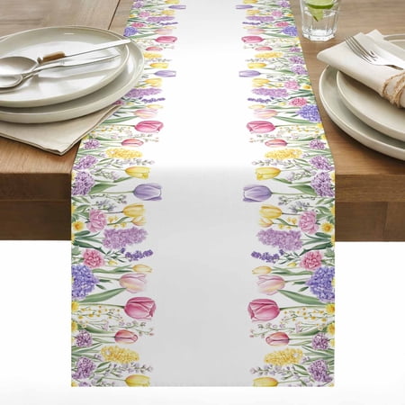 Spring Flower Cotton Linen Table Runner Pink Purple Yellow Floral Wildflower Plant Dining Table Runners for Home Decor Party Dining Room Restaurant Kitchen 13 x 108