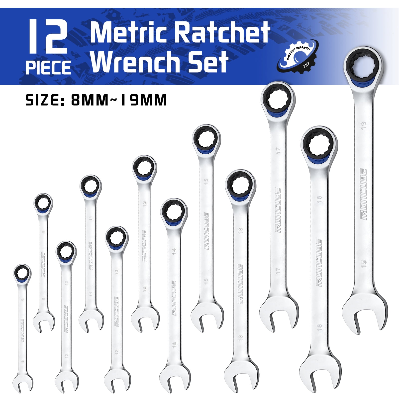 IRONCUBE 12-Piece Ratcheting Wrench Set, Metric 8-19mm, With Black Oxford Fabric Storage Bag for Motorcycle