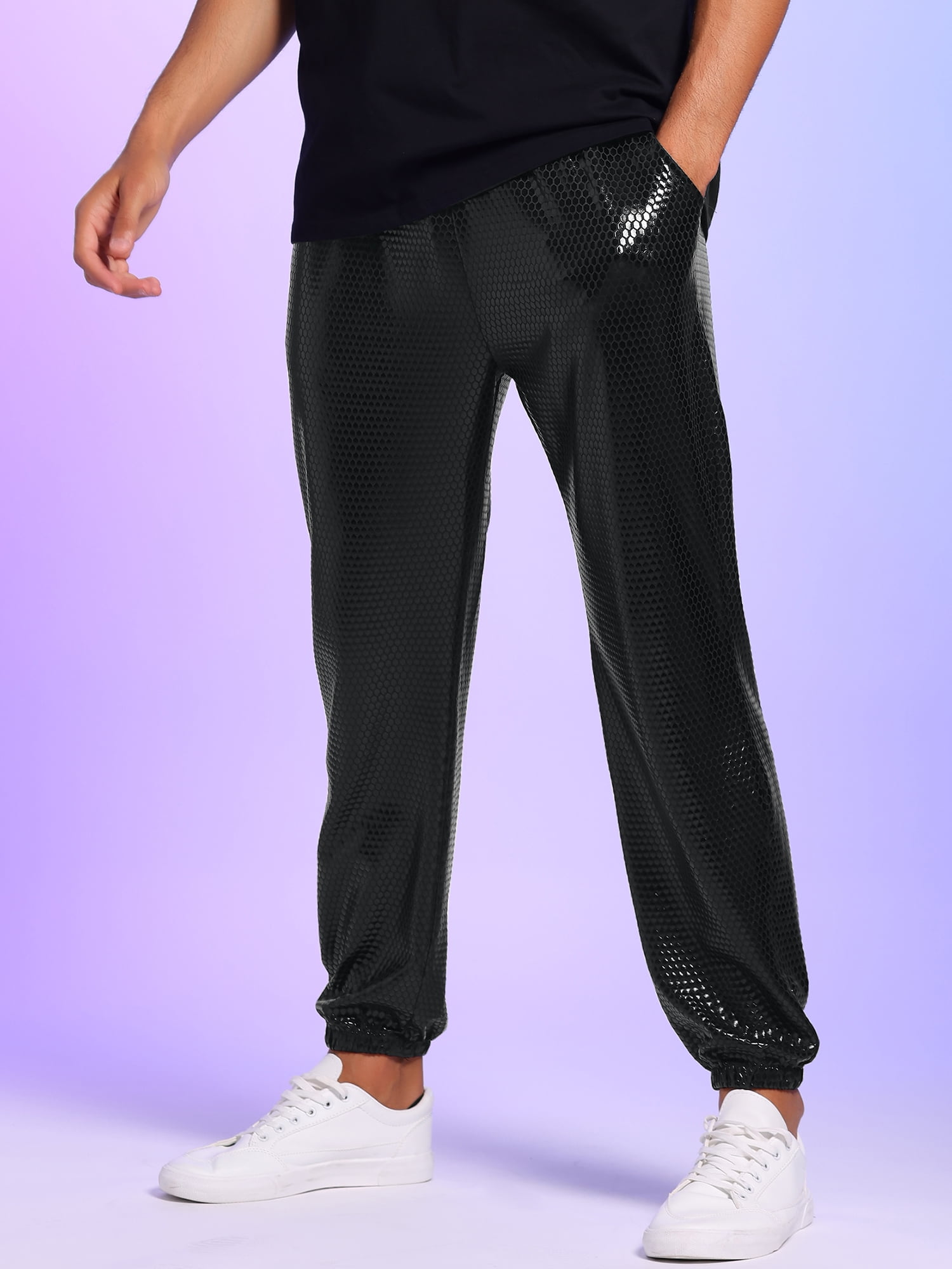 Unique Bargains Men s Sparkly Metallic Pants Drawstring Waist Nightclub Sequin Joggers 28 Black