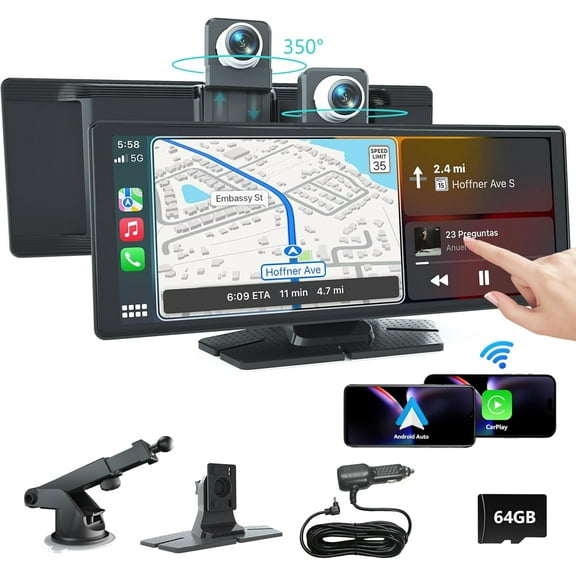 10.26" HD Carplay Screen for Car, Portable Wireless Apple Android Auto Car Play Stereo Car Audio Receivers with Voice Control, Backup Camera, Mirror Link, Bluetooth, GPS Navigation