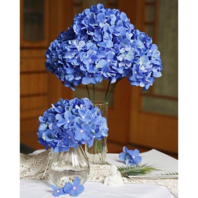 Cabezales de flores de seda hortensias artificiales de duhouse con tallo falso azul real de hortensias hortensias para el centro de jardín de la casa de la casa paquete de 6 (azul real) Duhouse Flores Artificiales