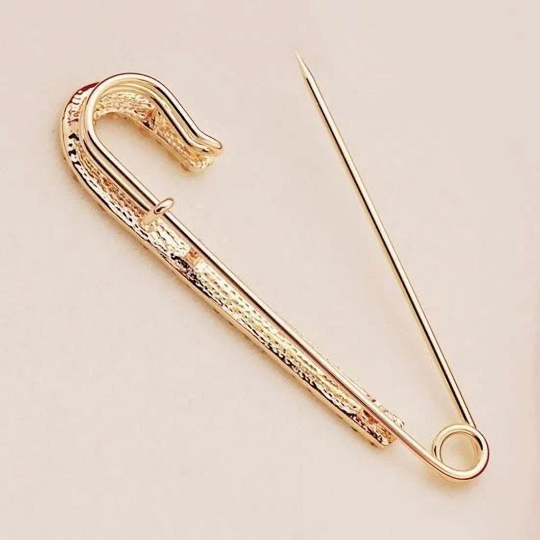 Pretty 1Ct Round Cut Simulated Diamond Women Safety Pin Brooch Pin 14K Yellow Gold Plated 925 Sterling Silver