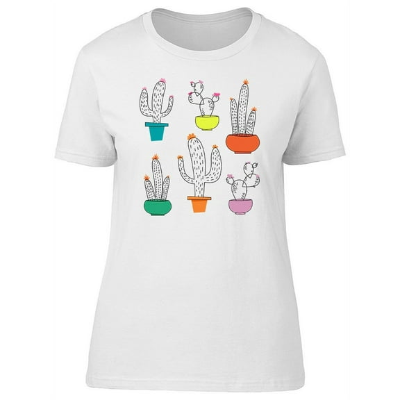 Cute Cactus Sketch Colorful Pots T-Shirt Women -Image by Shutterstock, Female Large
