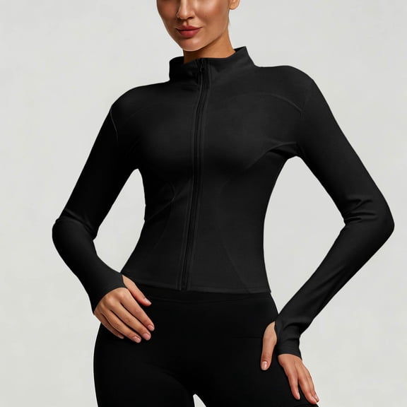 Dwellite Women's Cropped Lightweight Stretchy Running Track Jackets Zip Up Quick Dry Long Sleeve Athletic Yoga Tops with Thumb Holes Black 2XL