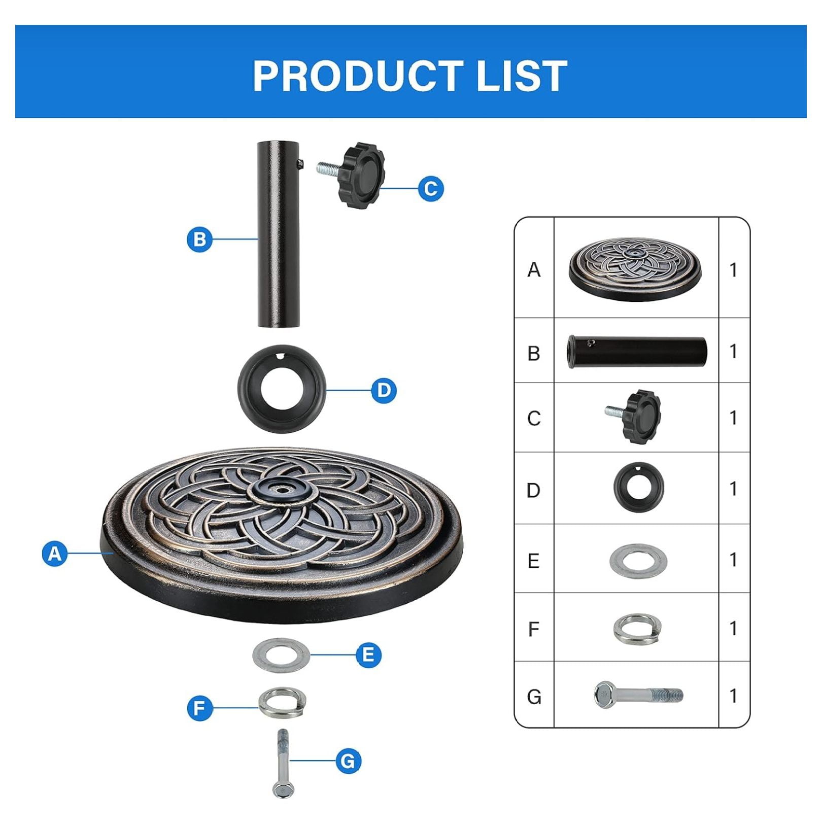 17.72" 24.2 lbs Market Heavy Duty Umbrella Round Stand Base for Patio, Outdoor, Deck, Lawn, Garden, Bronze