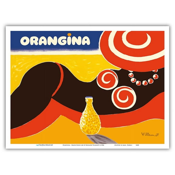 Orangina Sparkling Soda - Beach Bikini Ad - Vintage Advertising Poster by Bernard Villemot c.1984 - Master Art Print (Unframed) 9in x 12in