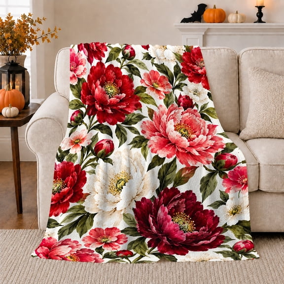 Red Painterly Floral Flannel Blanket for Botanical Art Fans, Sofa and Living Room Home Decor Housewarming Gift with Soft Layered Bloom Botanical Sofa Scene Motif