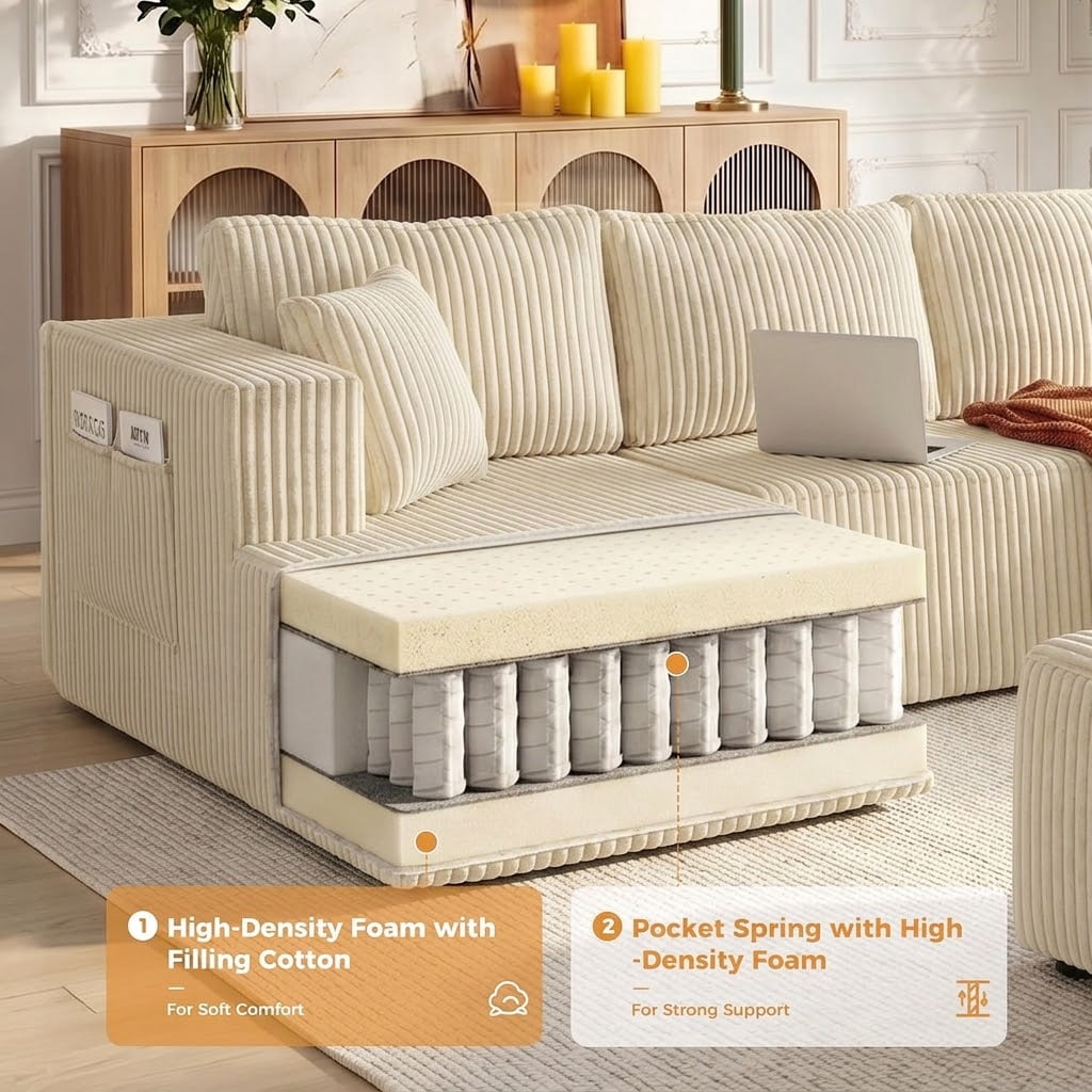 avobird 132" Oversized Cloud Boneless Sofa, U-Shaped Modular Sectional Sofa with Chaise and Side Pockets, Corduroy Deep Seat Couch for Living Room, Beige