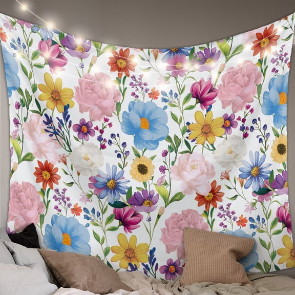 Colorful Floral Spring Large Tapestry for Bedroom Wall Hanging Tapestry, Country Watercolor Botanical Ceiling Backdrop Tapestries Poster Blanket Wall Decor for Teens Room Living Room Dorm 86" x 104"