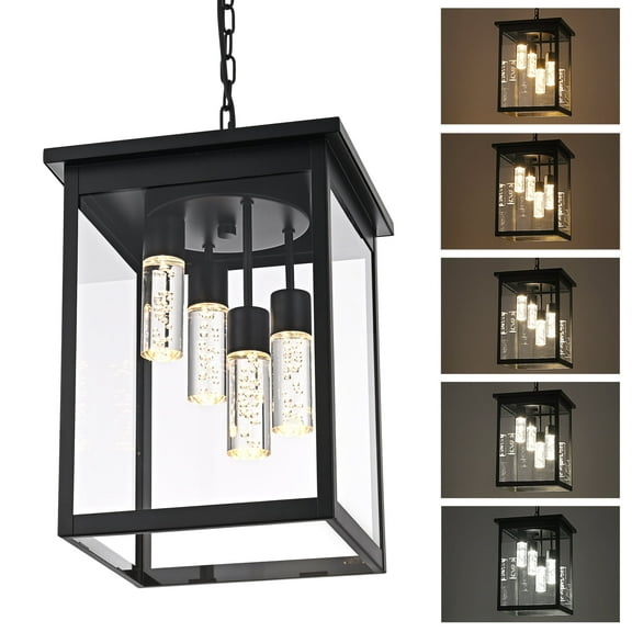 Melucee 4-Light Exterior Ceiling Lights Black Lantern 5CCT Large Outdoor Pendant Light Built-in LED Chips for Porch Garage Gazebo Patio