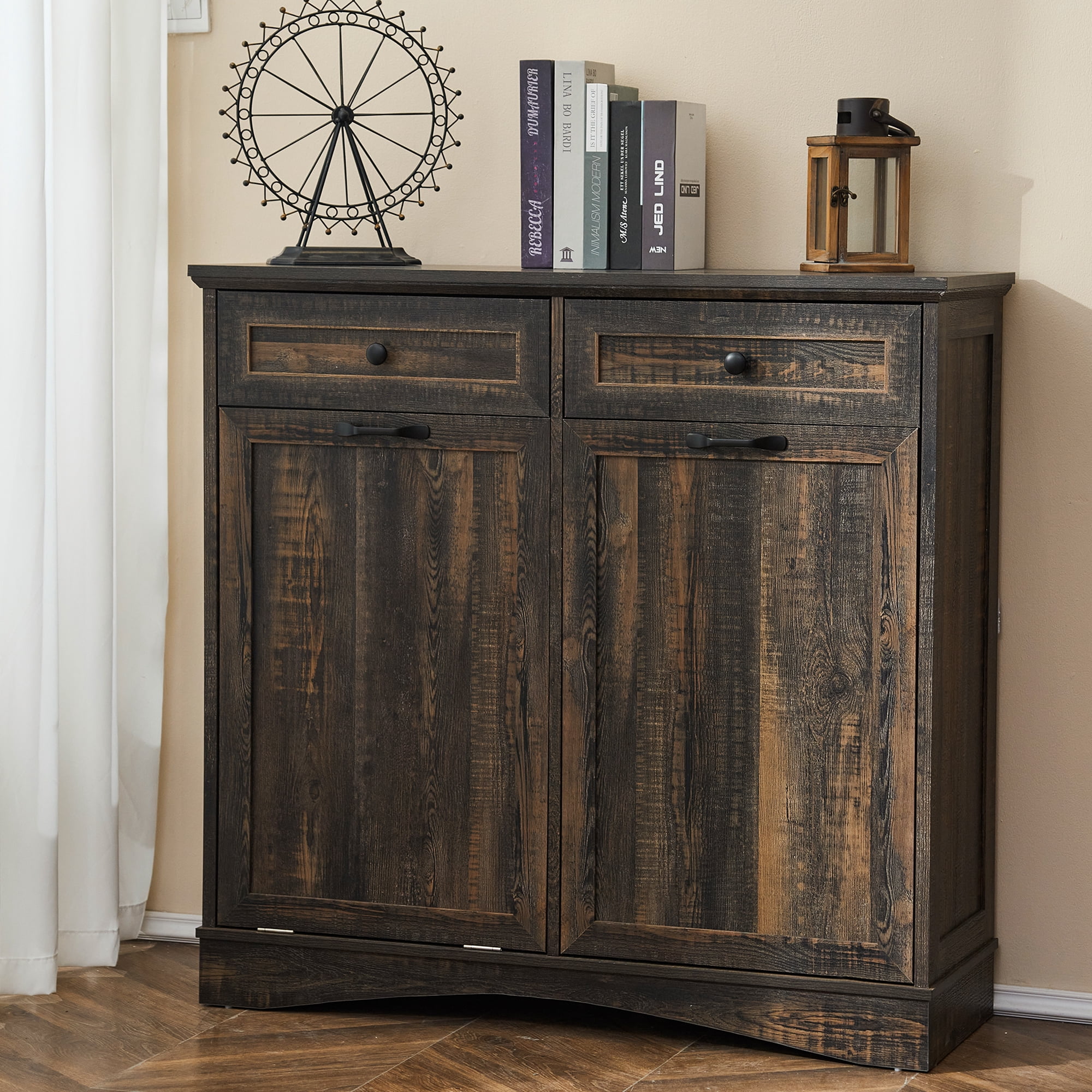 HARIPUL 13 Gallon Tilt Out Trash Cabinet Waste Bins Hidden Trash Bin with Drawer & Adjustable Shelf & for Kitchen, Dark Brown