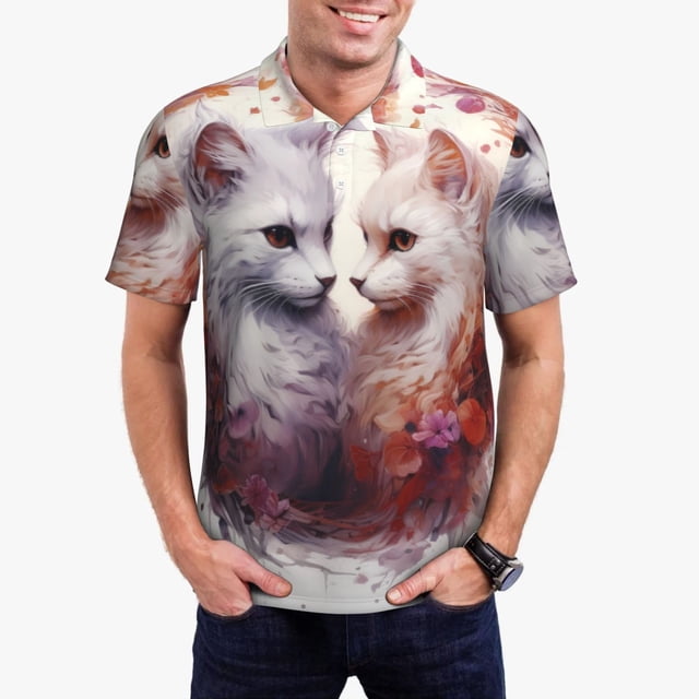 Fotbe White Red Cat Couple Camiseta Polo de Golf para Hombre con Estampado – Camisa Deportiva Transpirable con Cuello Abotonado-Small